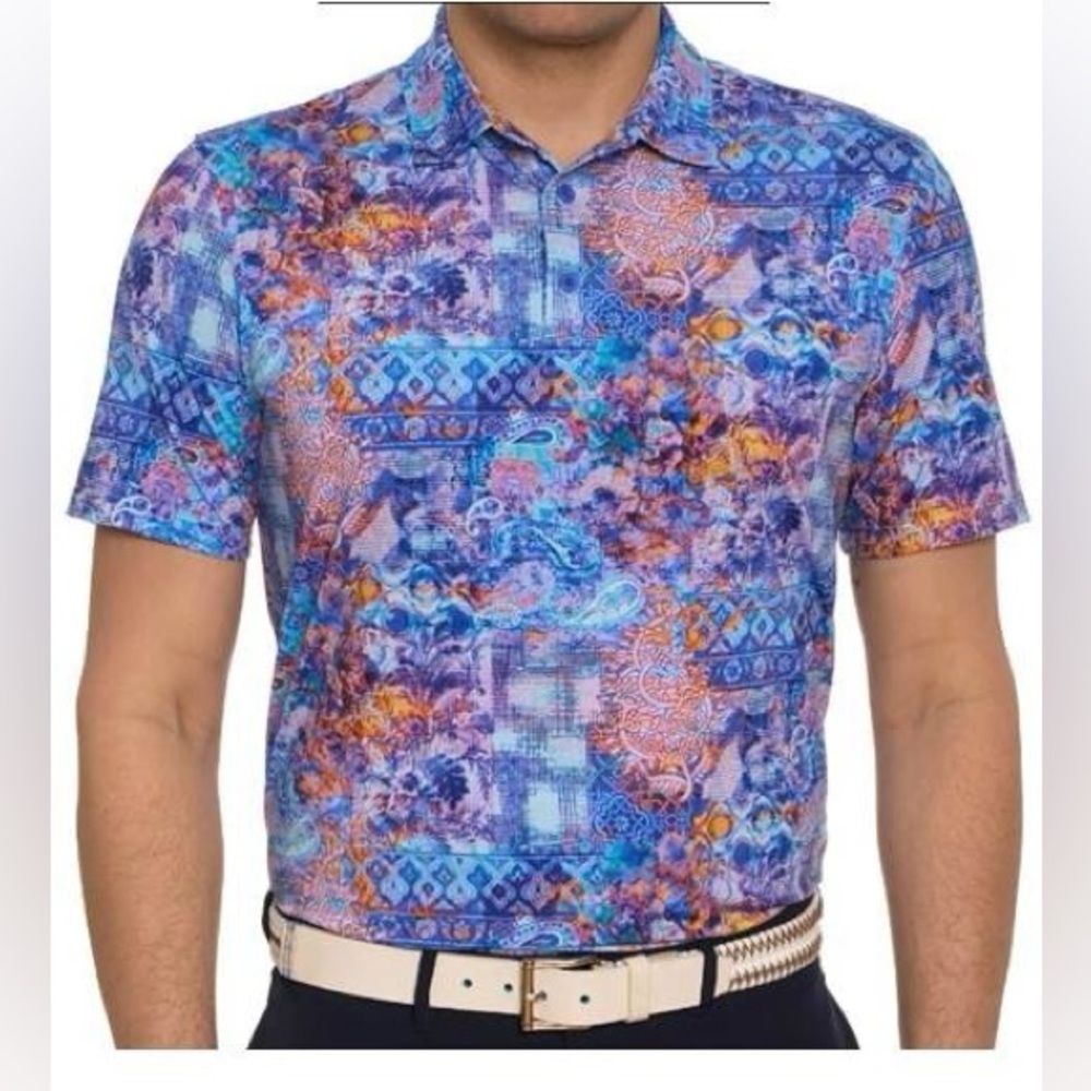 Robert Graham Performance Polo Short Sleeve Shirt Golf Large Blue Multi Brettman